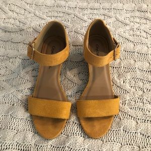 Mustard faux velvet wedge shoes